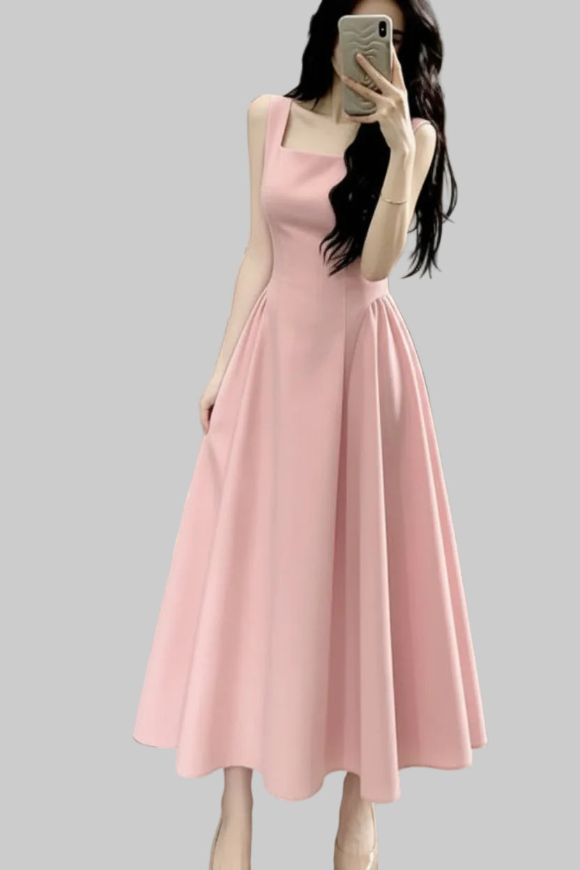 Princess Fashion Square Neck Pleated Midi Dress for Occasions
