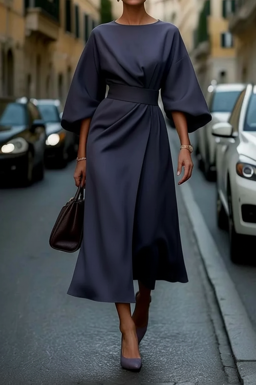 Princess Fashion Lantern Sleeve Cocktail Dress with Waist Belt