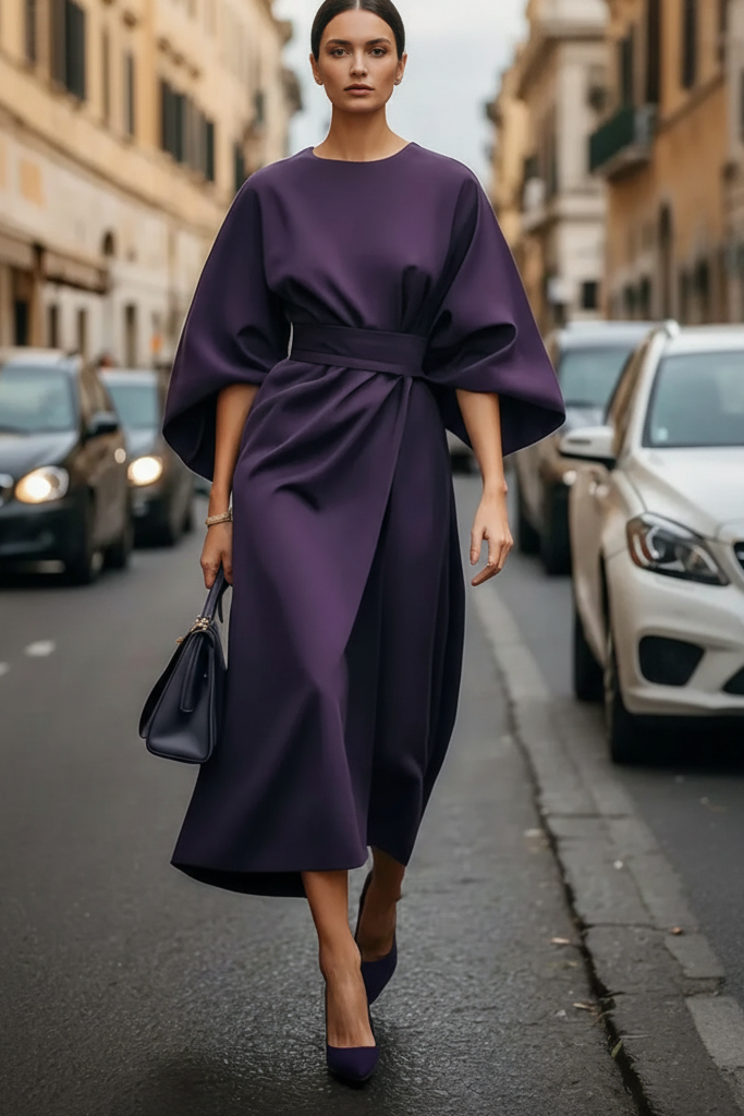 Princess Fashion Lantern Sleeve Cocktail Dress with Waist Belt