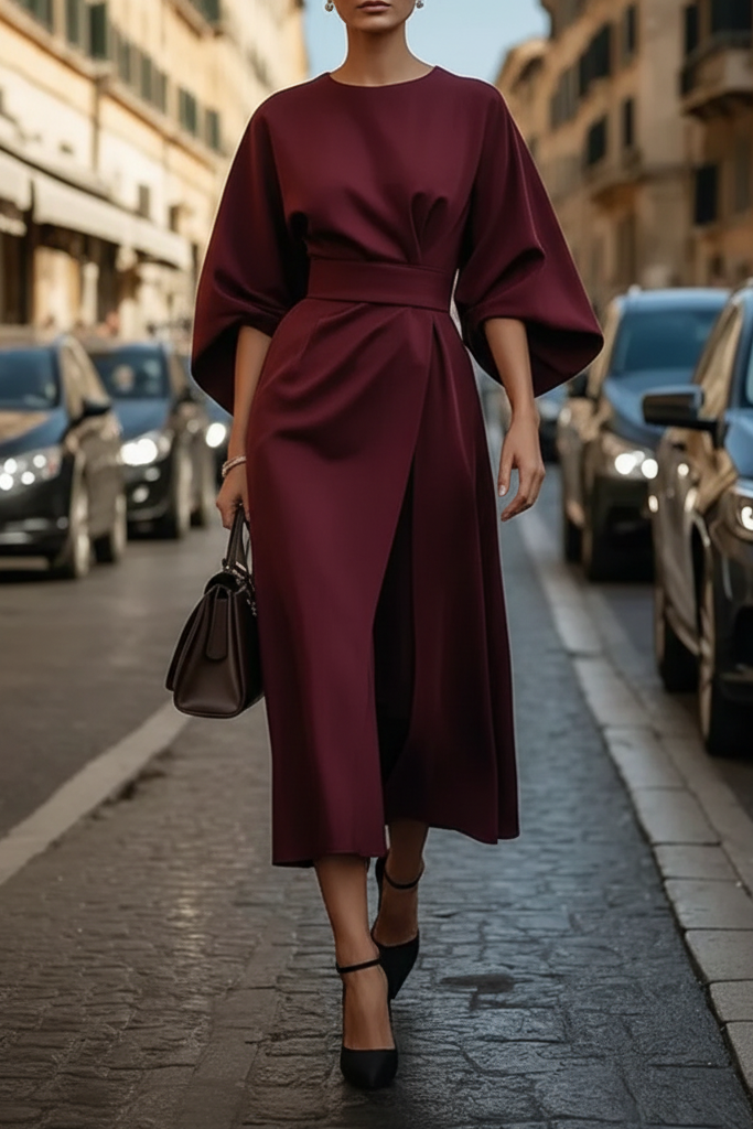 Princess Fashion Lantern Sleeve Cocktail Dress with Waist Belt
