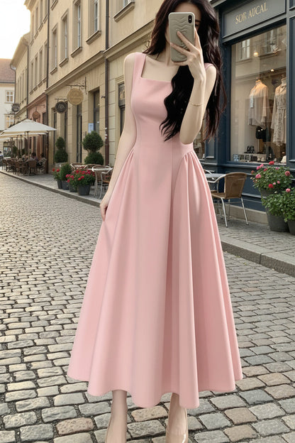 Princess Fashion Square Neck Pleated Midi Dress for Occasions