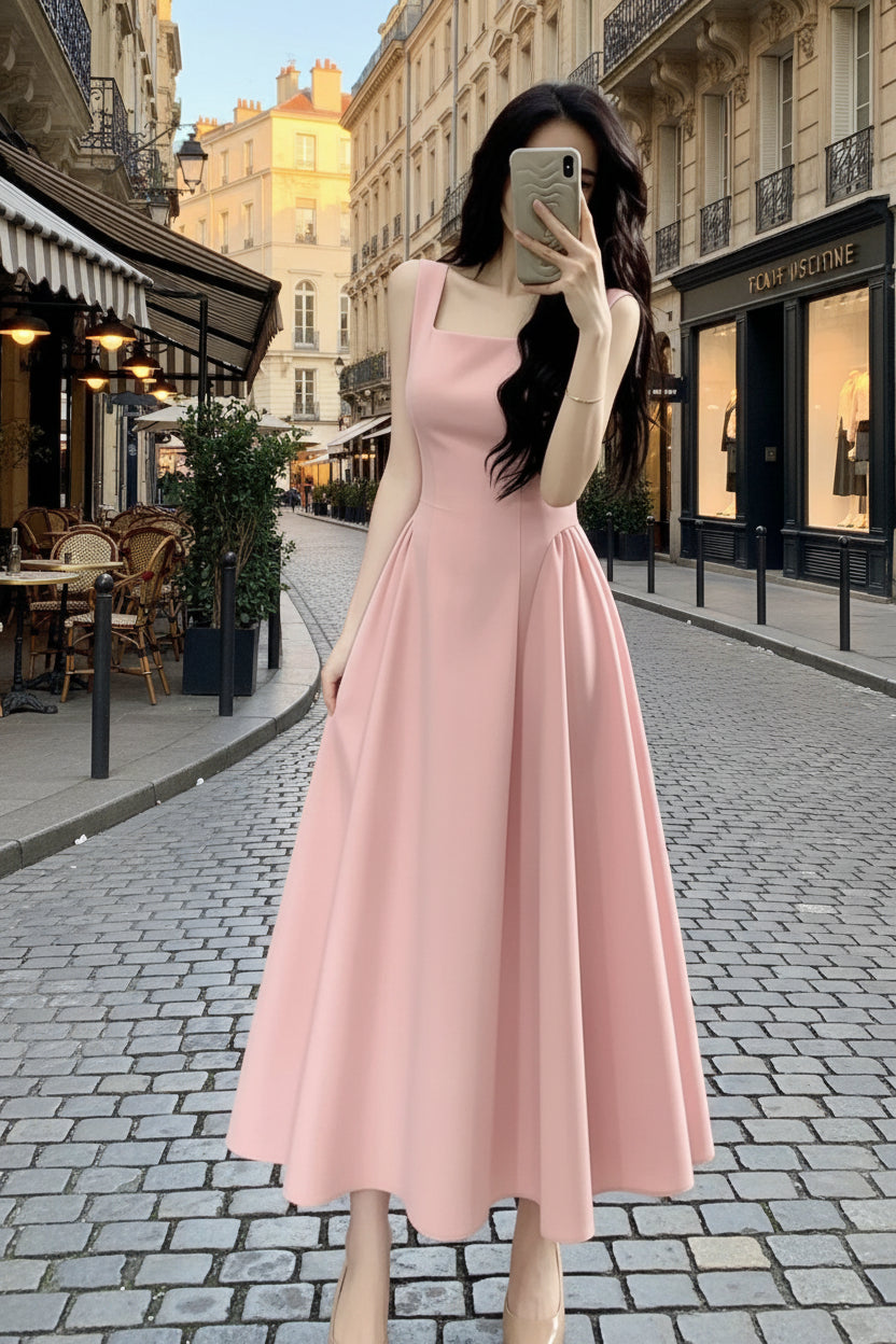 Princess Fashion Square Neck Pleated Midi Dress for Occasions