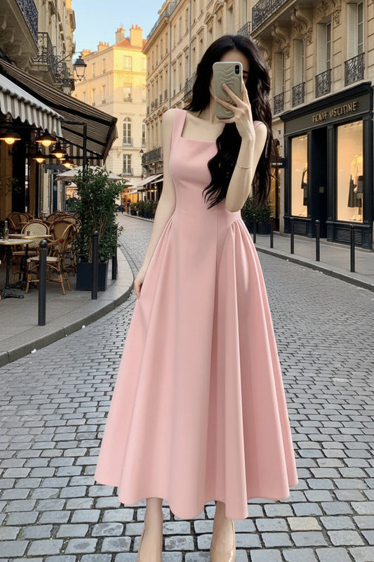 Princess Fashion Square Neck Pleated Midi Dress for Occasions