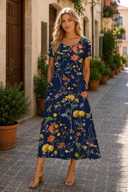 Princess Fashion Floral V-Neck Midi Dress for Summer Parties