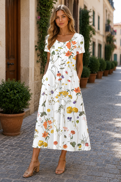 Princess Fashion Floral V-Neck Midi Dress for Summer Parties